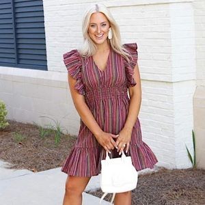 PINCH Stripe Linen Flutter Sleeve Dress (RED- MEDIUM)